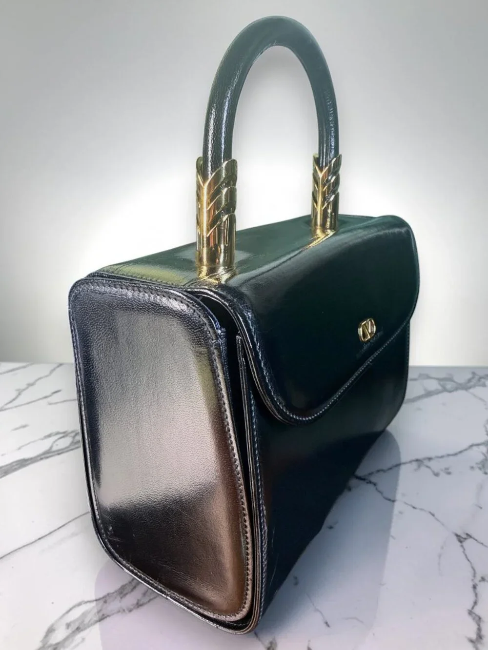 Valentino Garavani Rare Vintage Black Patent Top Handle Satchel Bag with COA